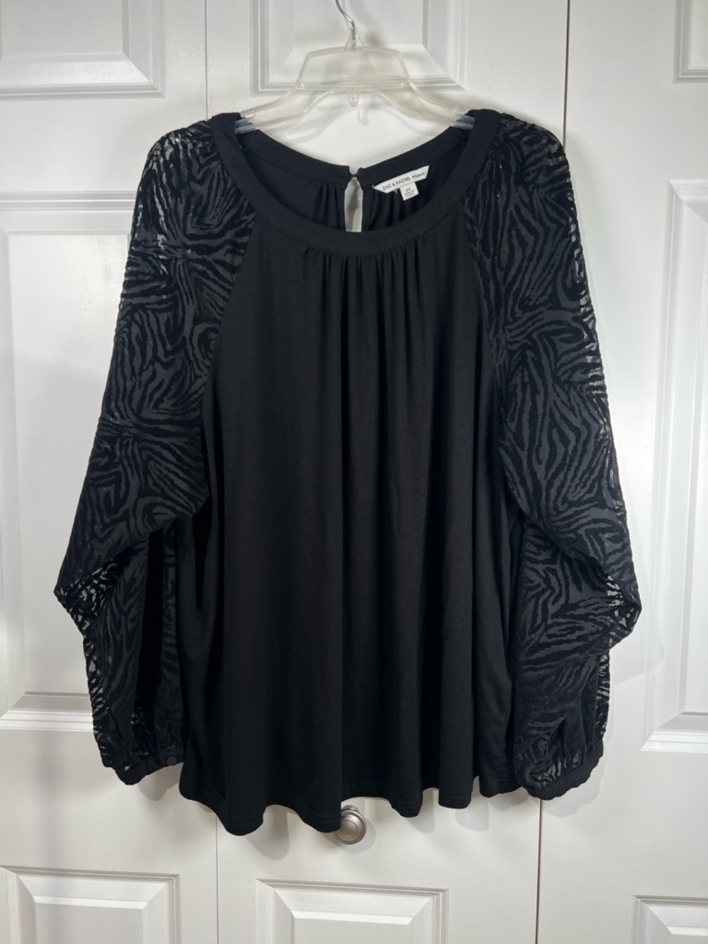 Zac & Rachel Black Blouse with Sheer Animal-Print Burnout Sheer Sleeves